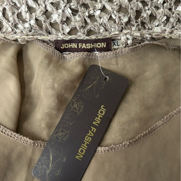 John Fashion Sweater Women's XL Brown Chiffon Uderlayers Open Knit Boho NEW - Picture 8 of 16